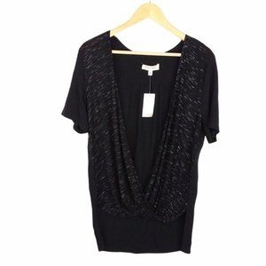 Philosophy Faux Wrap Front Short Sleeve Blouse High-Low Hem Black Shirt Small
